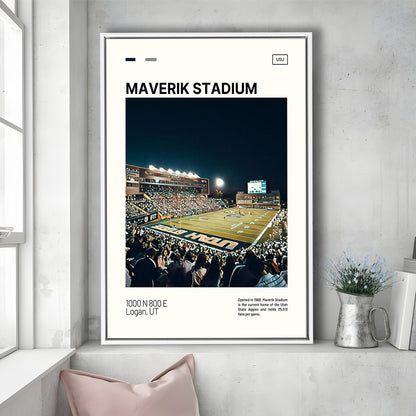Maverik Stadium Print, Utah State Aggies Stadium Canvas Art, Man Cave Gift, Floating Framed Canvas Print Wall Art
