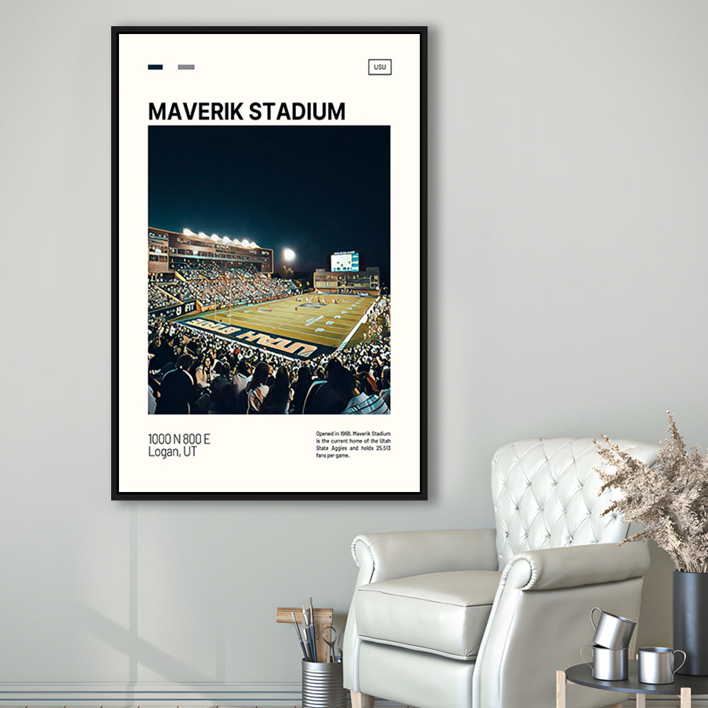 Maverik Stadium Print, Utah State Aggies Stadium Canvas Art, Man Cave Gift, Floating Framed Canvas Print Wall Art