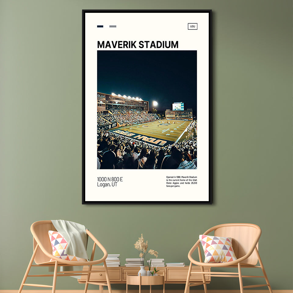 Maverik Stadium Print, Utah State Aggies Stadium Canvas Art, Man Cave Gift, Floating Framed Canvas Print Wall Art