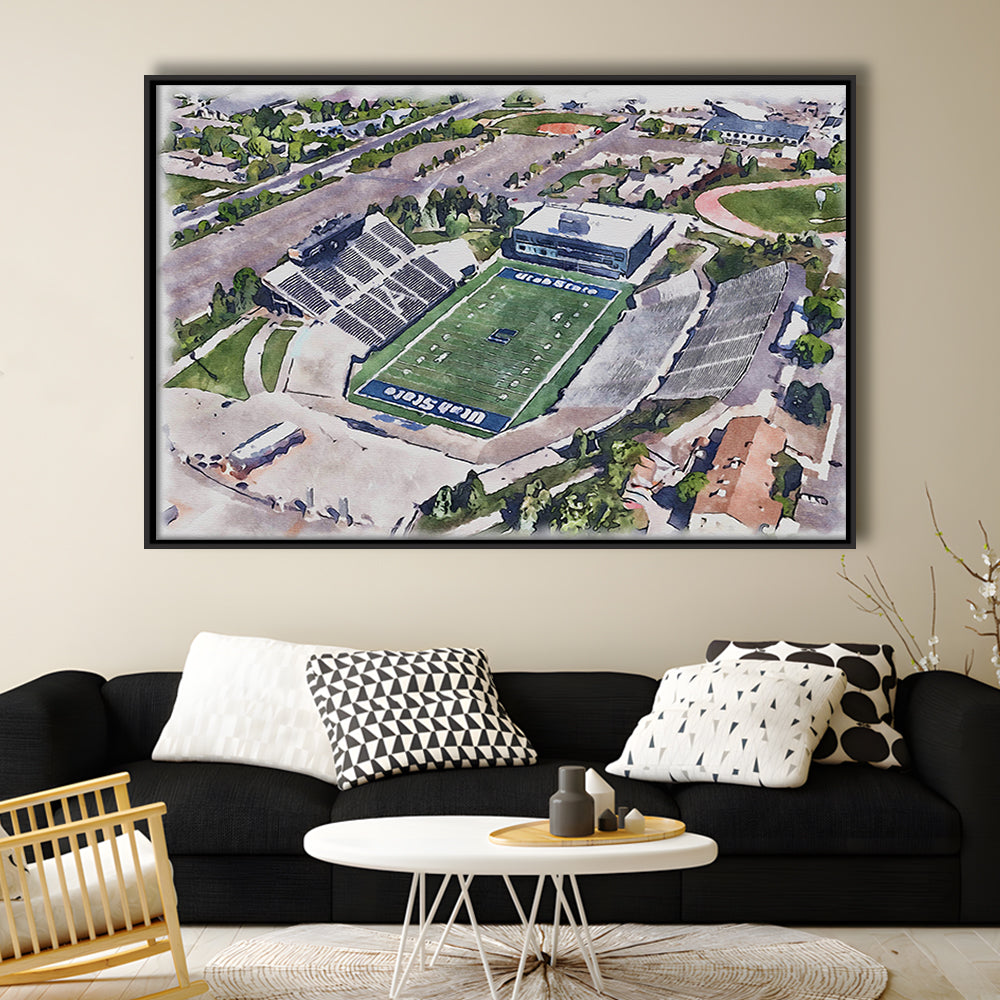 Maverik Painting Stadium Watercolor, Logan Utah Watercolor, Sport Gift Art, Framed Canvas Print Wall Art