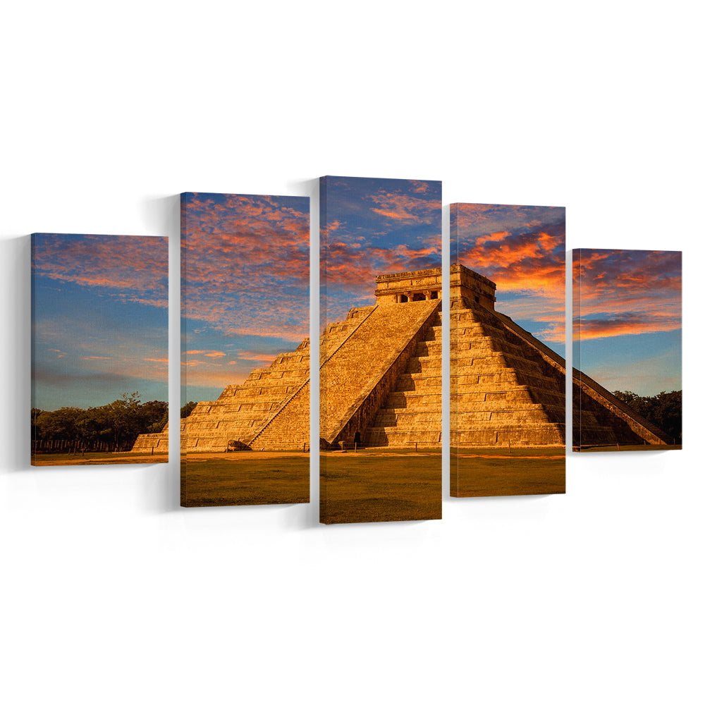 Mayan Pyramid Wall Art, Yucatan Mexico Wall Decor, Ancient Architecture Canvas Print, 5 Piece Large Cavas Print Wall Art