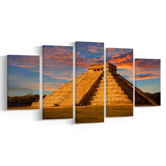 Mayan Pyramid Wall Art, Yucatan Mexico Wall Decor, Ancient Architecture Canvas Print, 5 Piece Large Cavas Print Wall Art