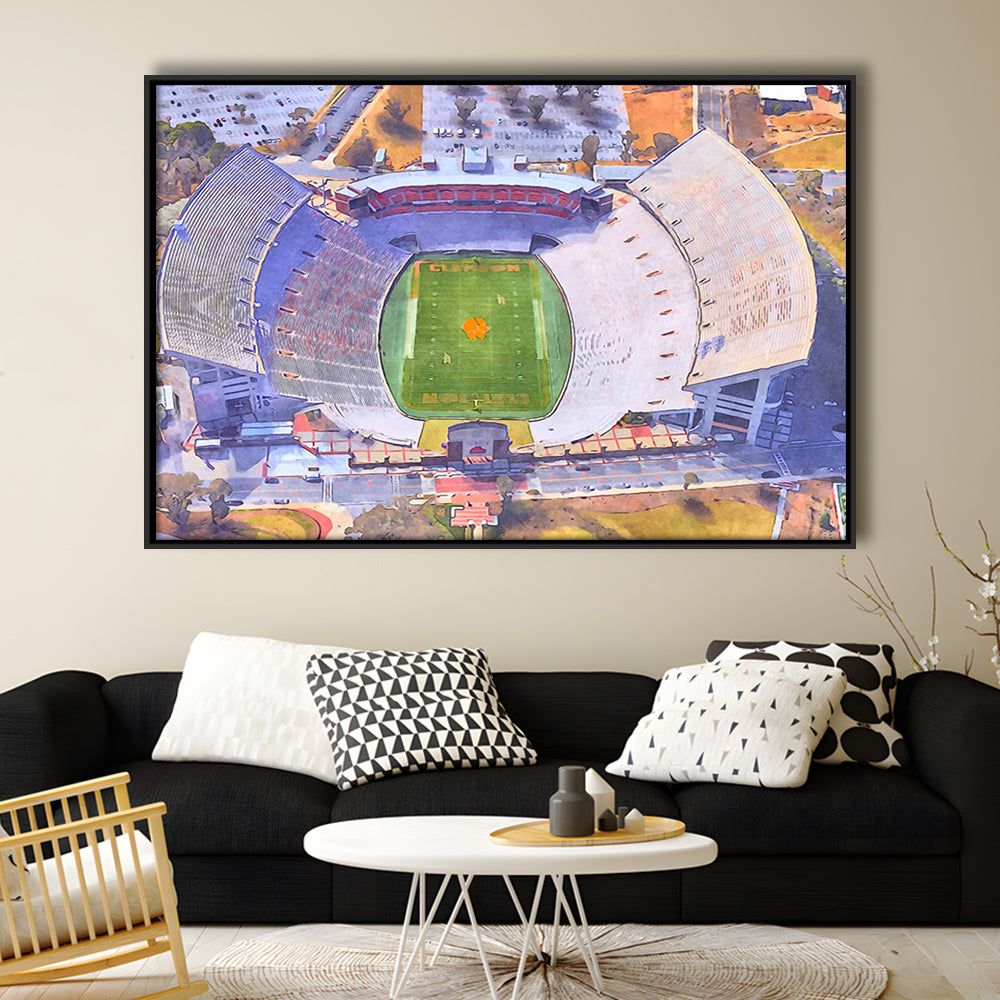 Memorial Stadium Clemson WaterColor, Pickens County South Carolina, Sport Gift Art, Framed Canvas Print Wall Art