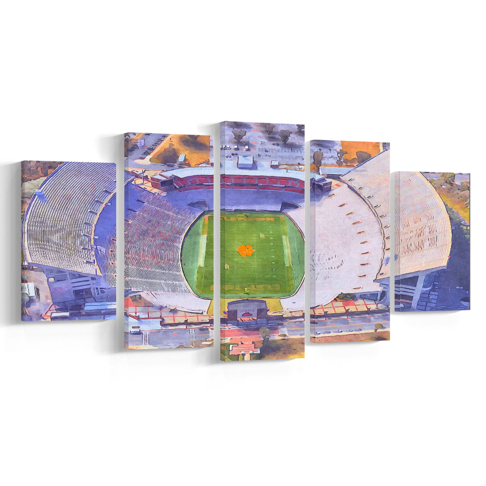 Memorial Stadium Clemson WaterColor, Pickens County South Carolina, Sport Art, Mixed 5 Panel, Canvas Print Wall Art
