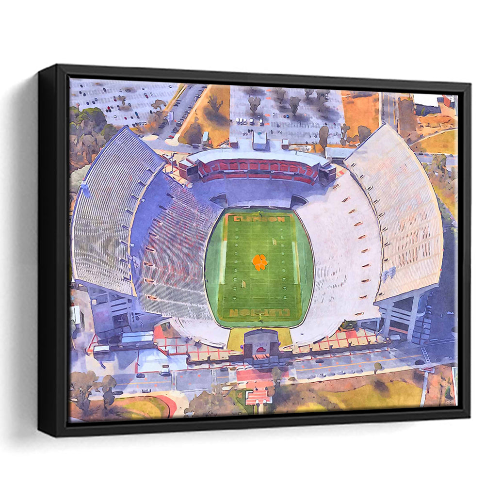 Memorial Stadium Clemson WaterColor, Pickens County South Carolina, Sport Gift Art, Framed Canvas Print Wall Art
