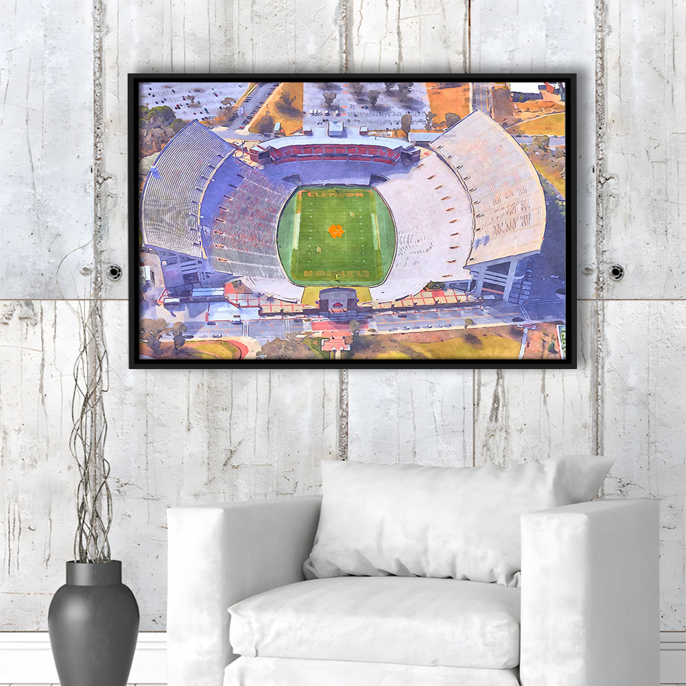 Memorial Stadium Clemson WaterColor, Pickens County South Carolina, Sport Gift Art, Framed Canvas Print Wall Art