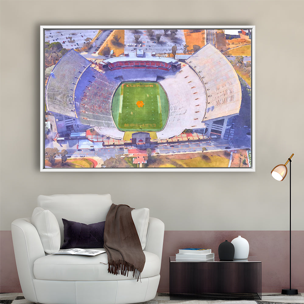 Memorial Stadium Clemson WaterColor, Pickens County South Carolina, Sport Gift Art, Framed Canvas Print Wall Art