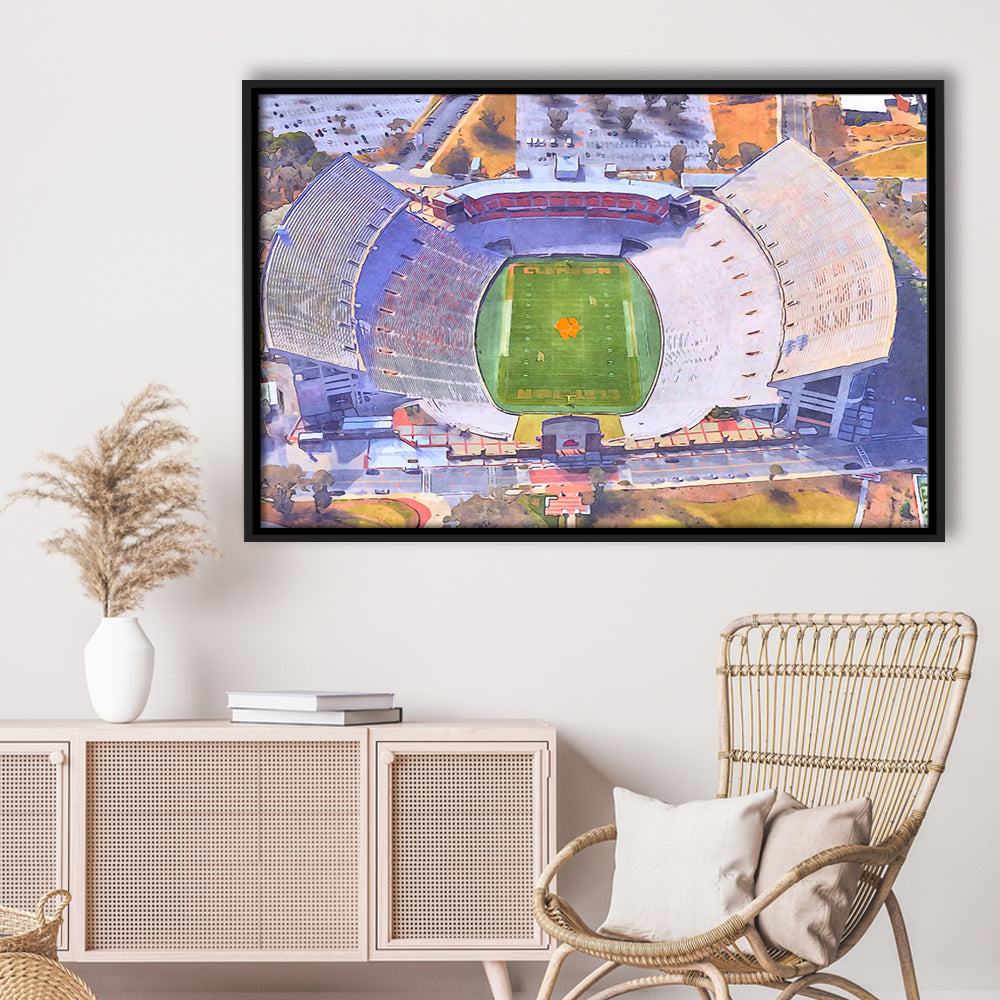 Memorial Stadium Clemson WaterColor, Pickens County South Carolina, Sport Gift Art, Framed Canvas Print Wall Art
