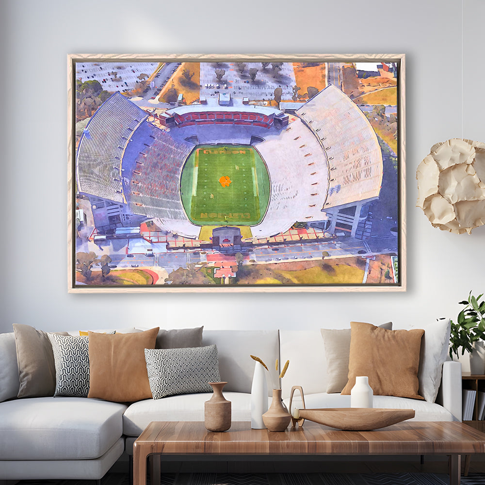 Memorial Stadium Clemson WaterColor, Pickens County South Carolina, Sport Gift Art, Framed Canvas Print Wall Art