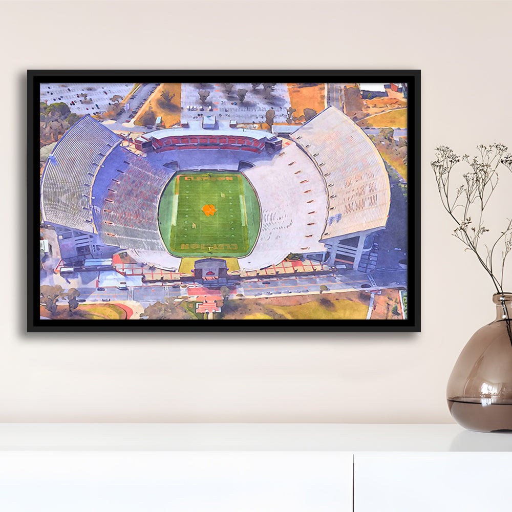 Memorial Stadium Clemson WaterColor, Pickens County South Carolina, Sport Gift Art, Framed Canvas Print Wall Art