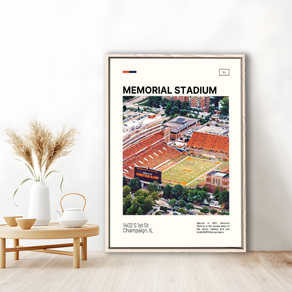 Memorial Stadium Print, Illinois Fighting Illini Stadium Canvas Art, Man Cave Gift, Floating Framed Canvas Print Wall Art