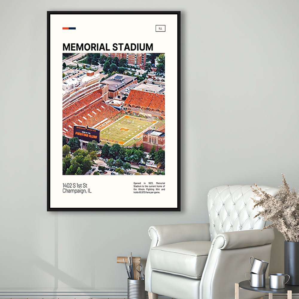 Memorial Stadium Print, Illinois Fighting Illini Stadium Canvas Art, Man Cave Gift, Floating Framed Canvas Print Wall Art
