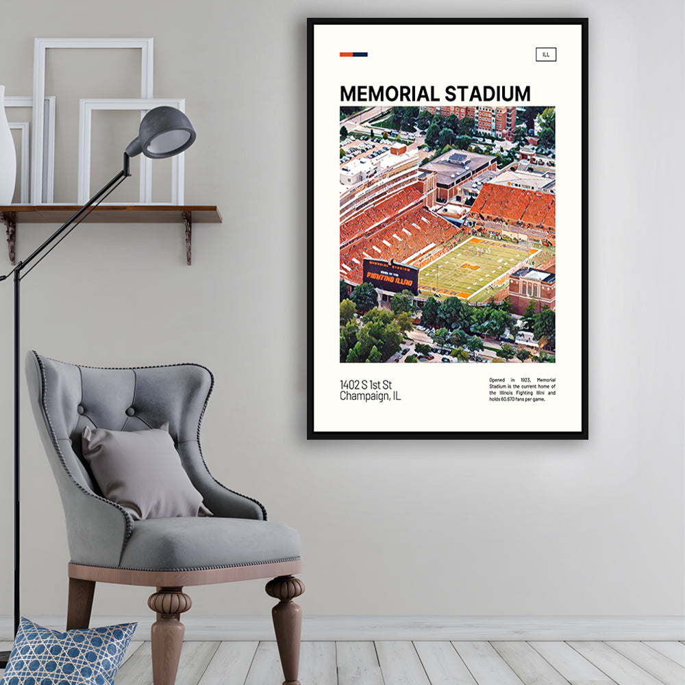Memorial Stadium Print, Illinois Fighting Illini Stadium Canvas Art, Man Cave Gift, Floating Framed Canvas Print Wall Art