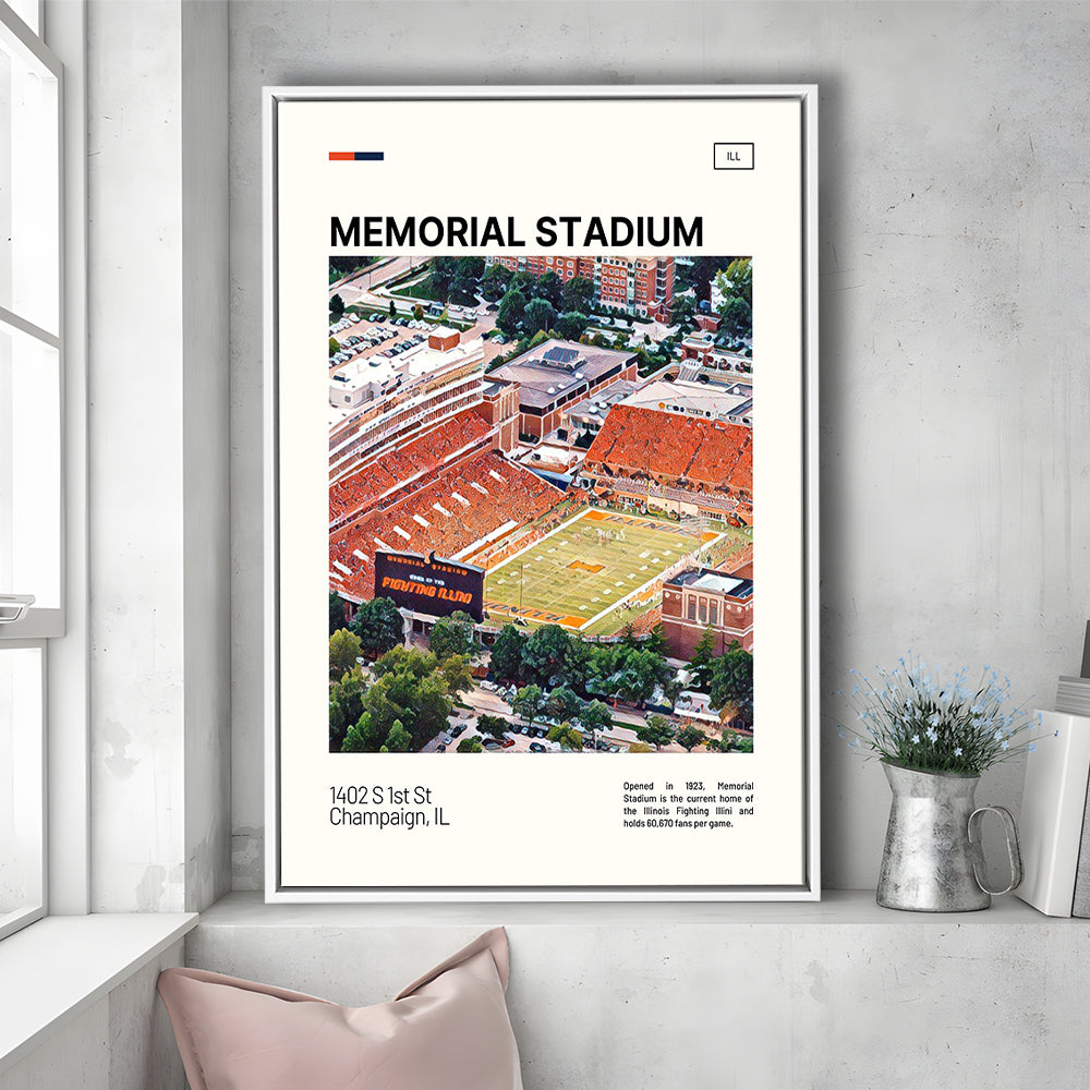 Memorial Stadium Print, Illinois Fighting Illini Stadium Canvas Art, Man Cave Gift, Floating Framed Canvas Print Wall Art
