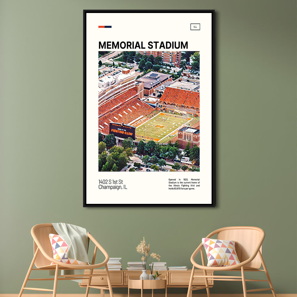 Memorial Stadium Print, Illinois Fighting Illini Stadium Canvas Art, Man Cave Gift, Floating Framed Canvas Print Wall Art