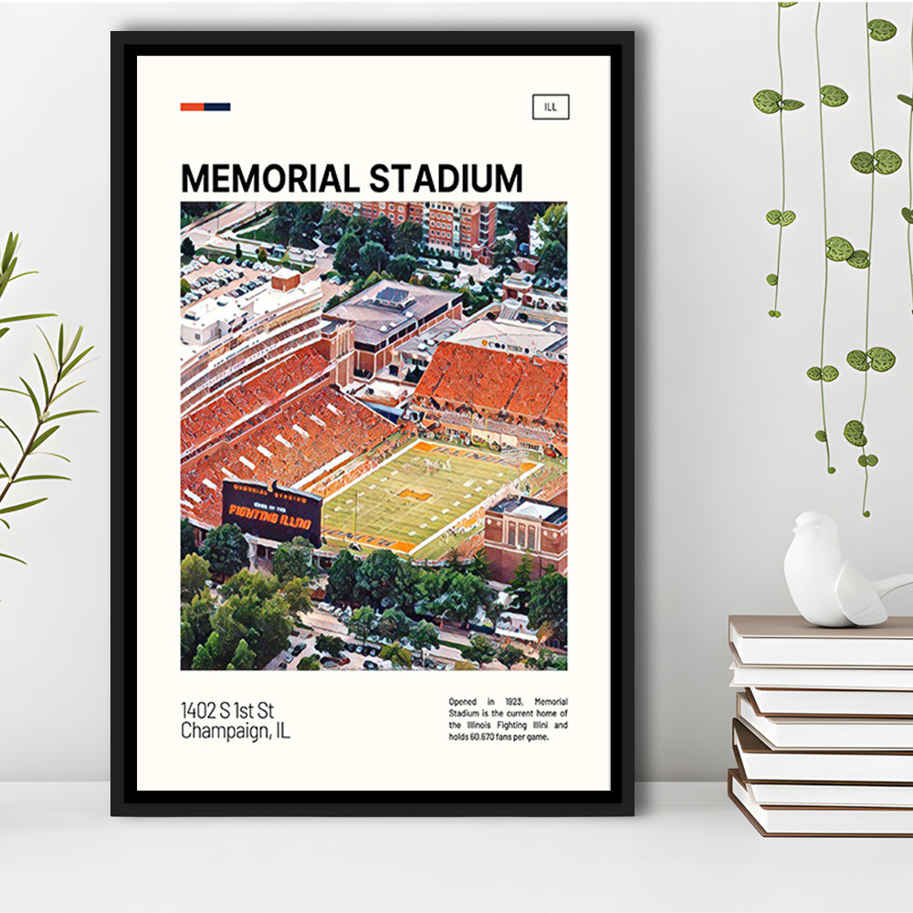 Memorial Stadium Print, Illinois Fighting Illini Stadium Canvas Art, Man Cave Gift, Floating Framed Canvas Print Wall Art