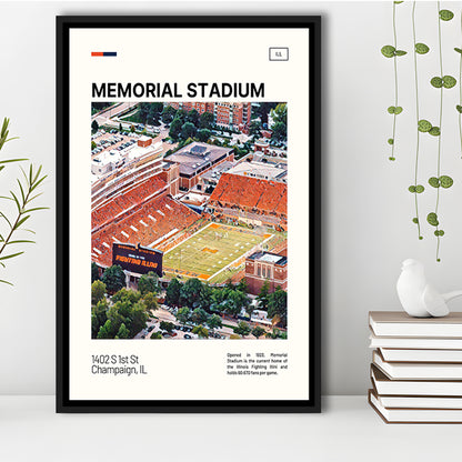 Memorial Stadium Print, Illinois Fighting Illini Stadium Canvas Art, Man Cave Gift, Floating Framed Canvas Print Wall Art