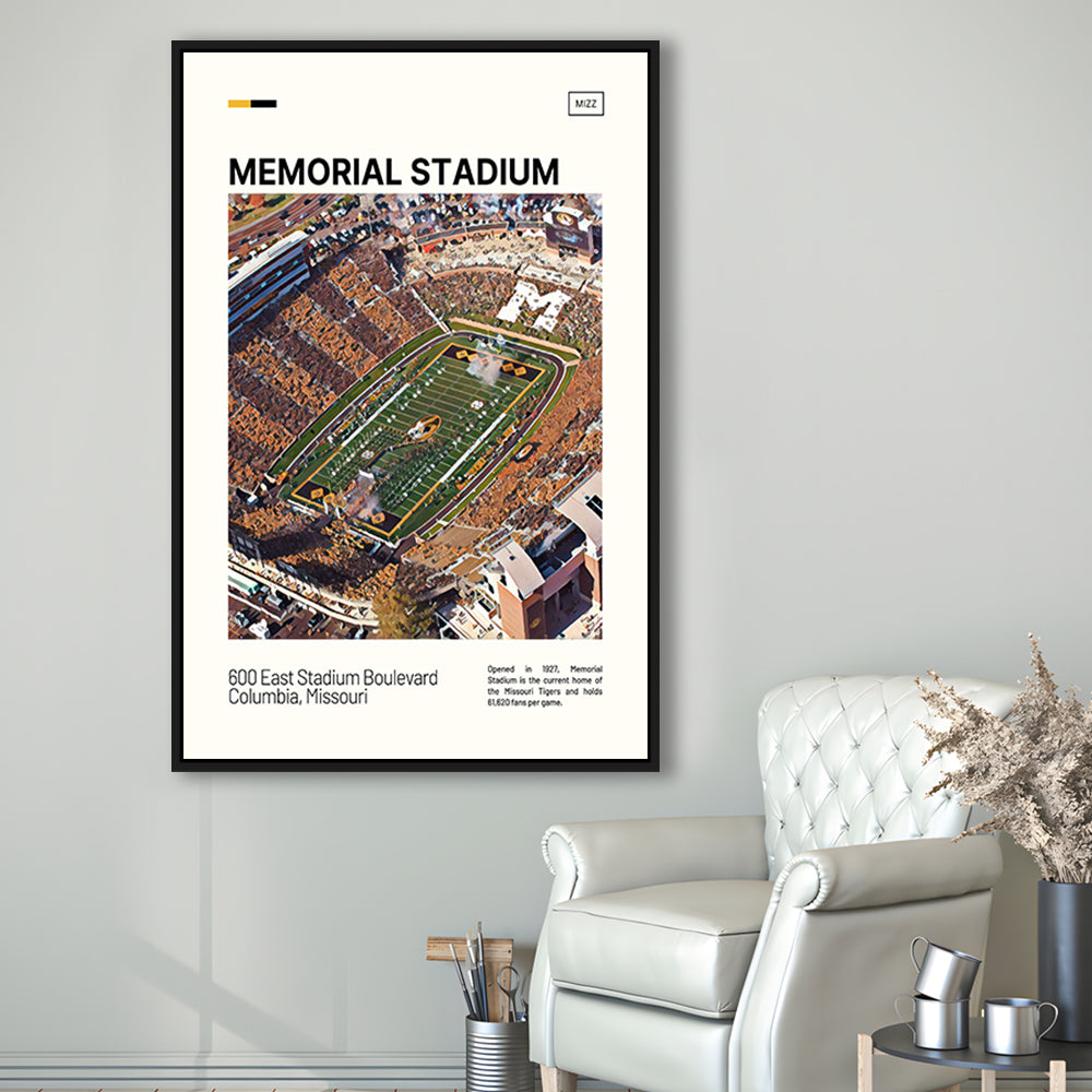 Memorial Stadium Print, Missouri Tigers Stadium Canvas Art, Man Cave Gift, Floating Framed Canvas Print Wall Art