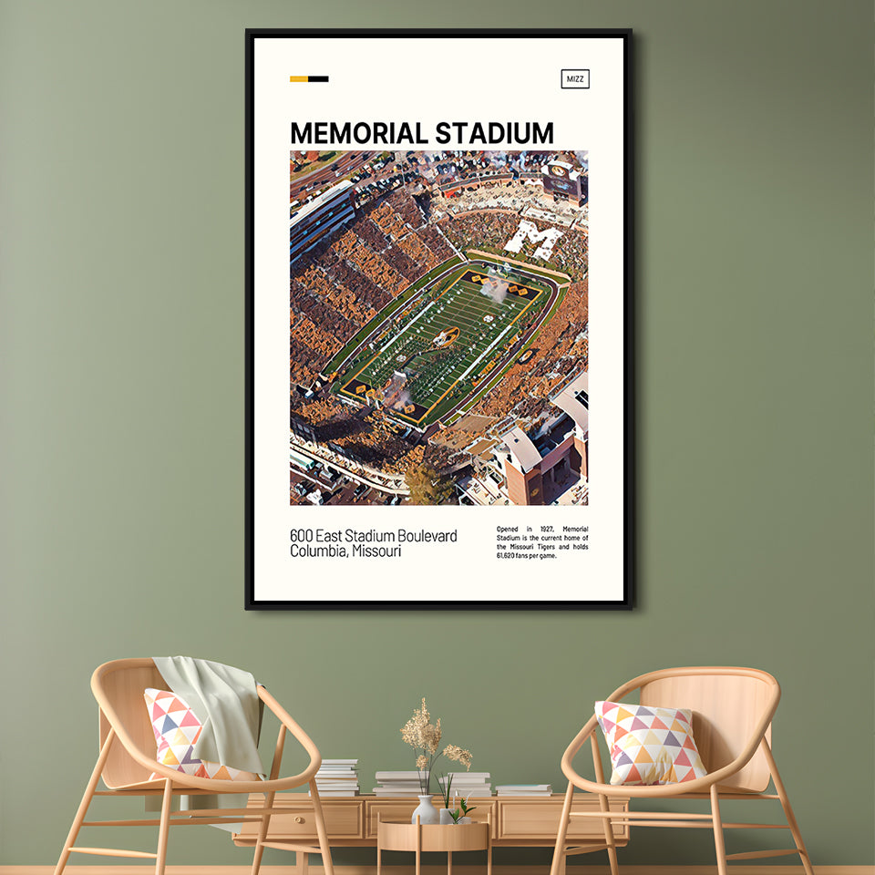 Memorial Stadium Print, Missouri Tigers Stadium Canvas Art, Man Cave Gift, Floating Framed Canvas Print Wall Art