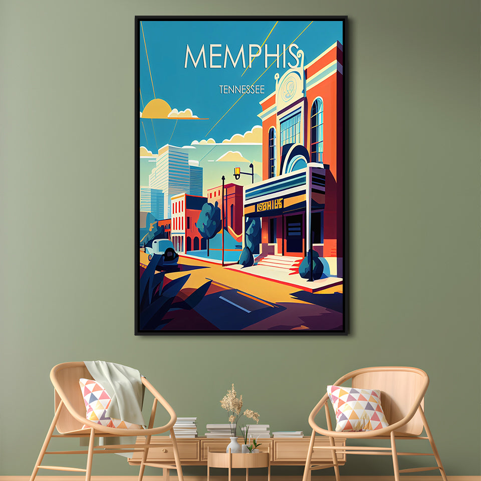 Memphis Retro Art Print, Memphis City Wall Art, Floating Framed Canvas Print, Framed Picture, Painting Canvas