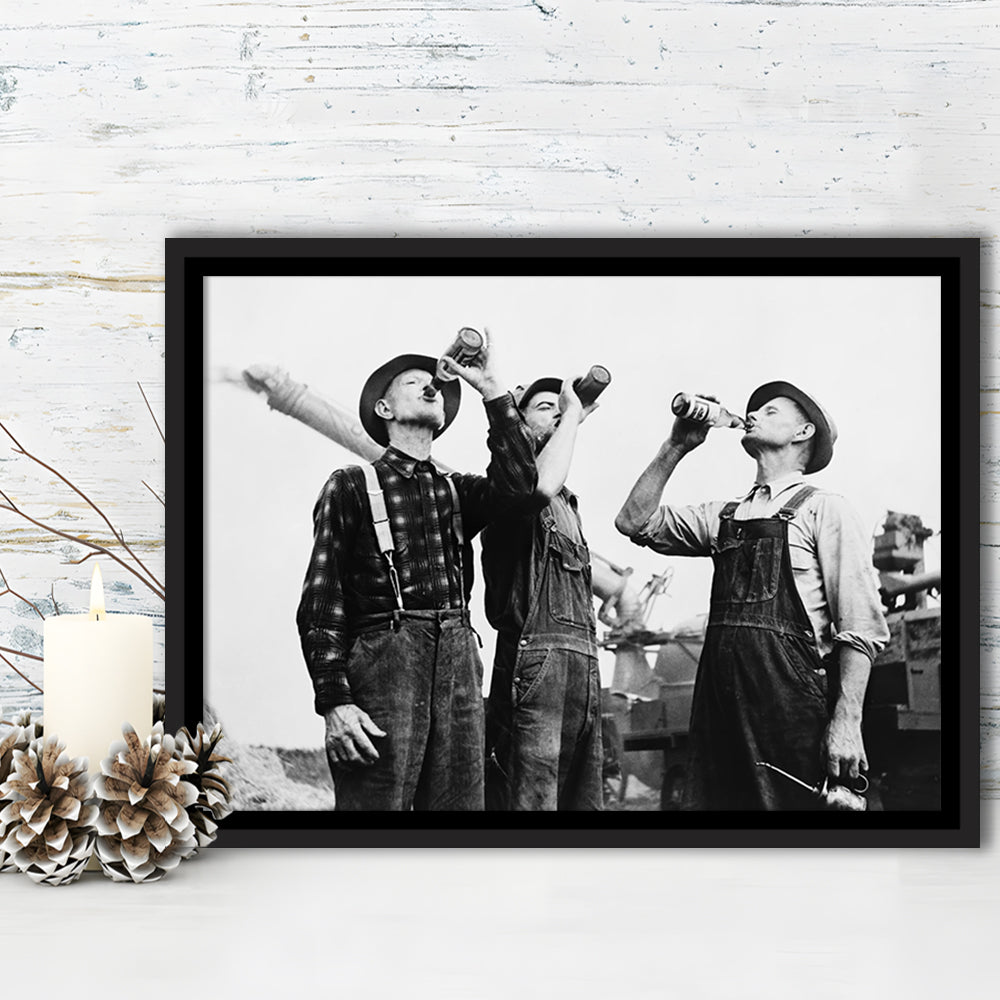 Men Drinking Beer Black and White Art Vintage Bar Prints, Floating Framed Canvas Print