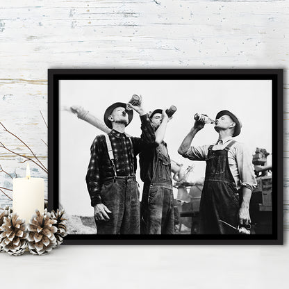 Men Drinking Beer Black and White Art Vintage Bar Prints, Floating Framed Canvas Print