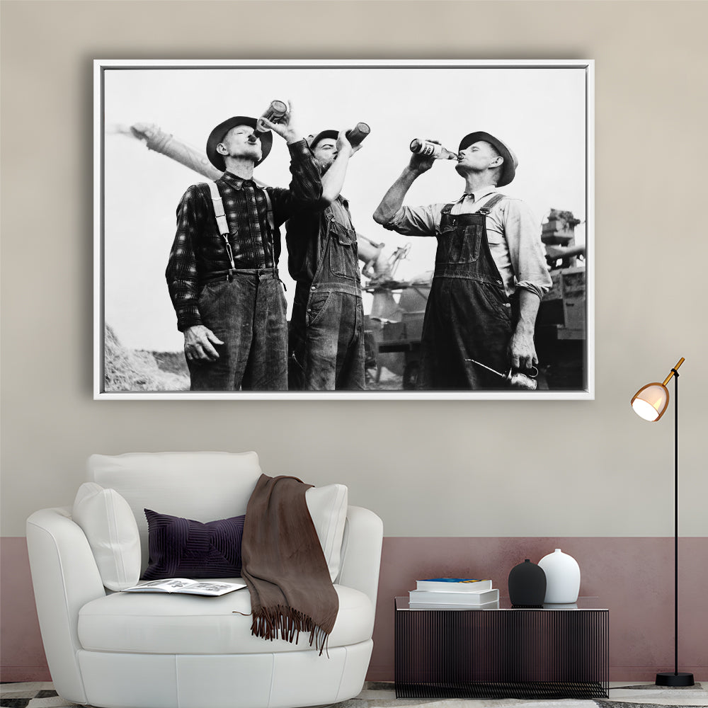 Men Drinking Beer Black and White Art Vintage Bar Prints, Floating Framed Canvas Print