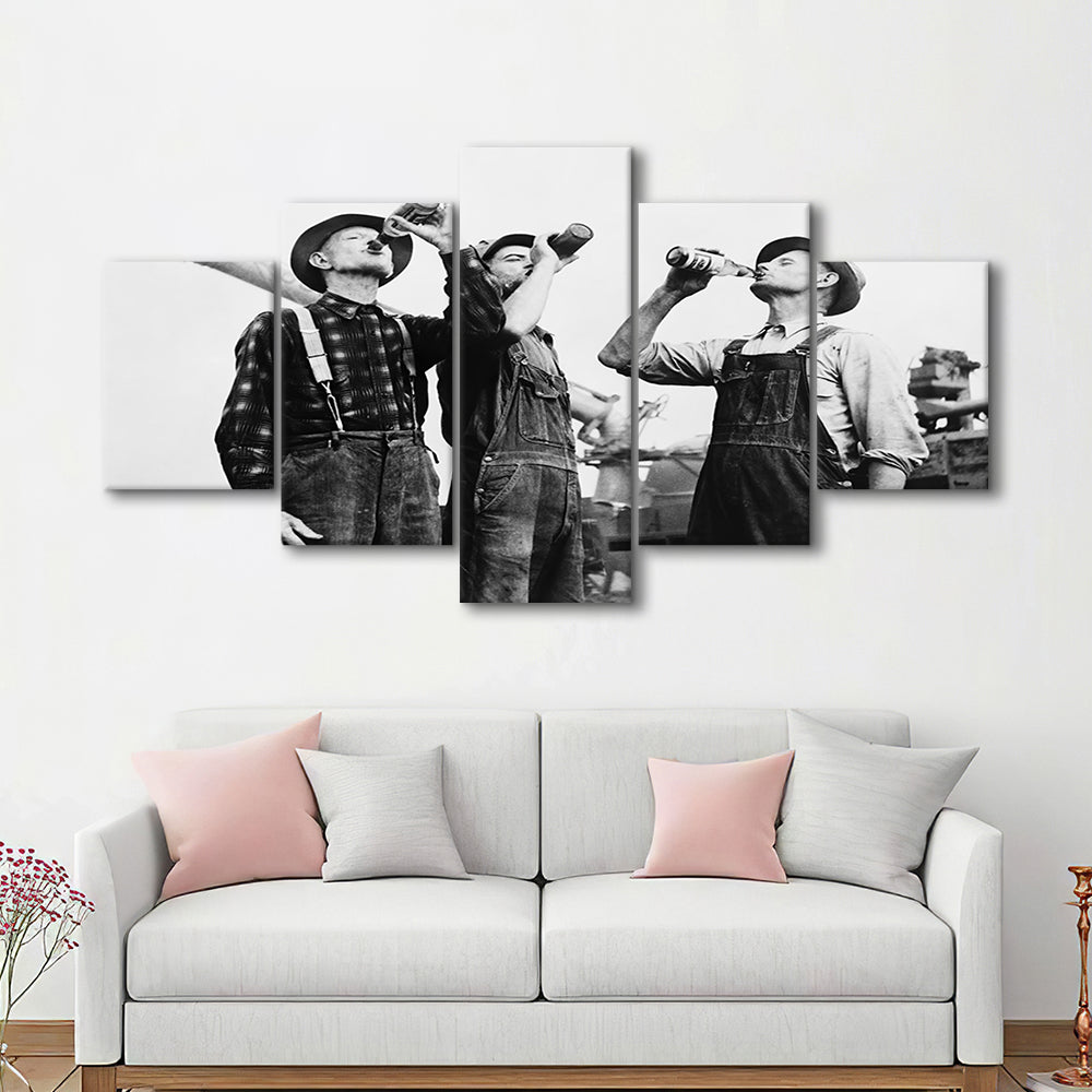 Men Drinking Beer Black and White Art Vintage Bar Prints, Mixed 5 Pieces Canvas Print