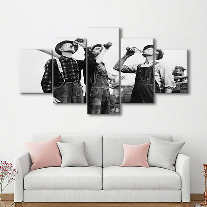 Men Drinking Beer Black and White Art Vintage Bar Prints, Mixed 5 Pieces Canvas Print