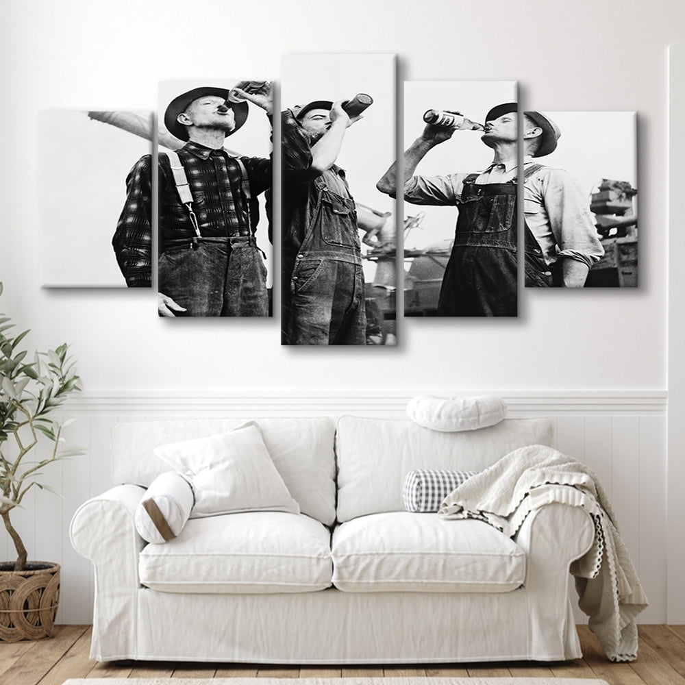 Men Drinking Beer Black and White Art Vintage Bar Prints, Mixed 5 Pieces Canvas Print