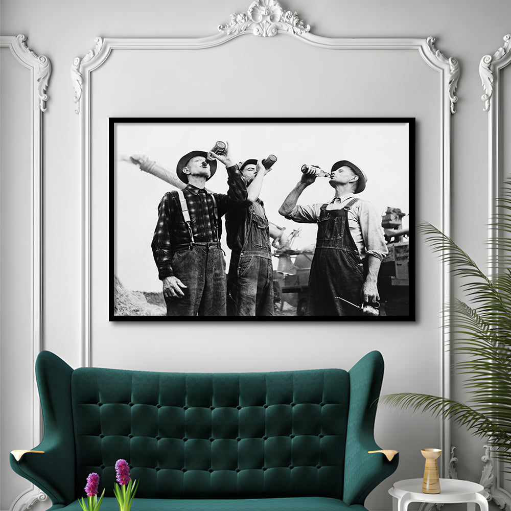 Men Drinking Beer Black and White Art Vintage Bar Prints, Framed Art Print Wall Decor