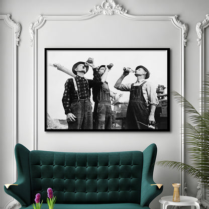 Men Drinking Beer Black and White Art Vintage Bar Prints, Framed Art Print Wall Decor
