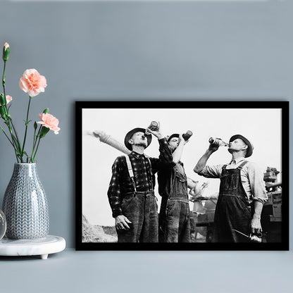 Men Drinking Beer Black and White Art Vintage Bar Prints, Framed Art Print Wall Decor