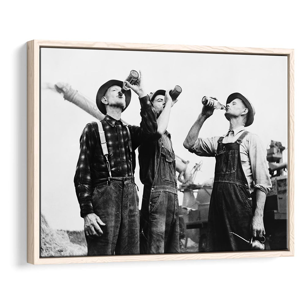 Men Drinking Beer Black and White Art Vintage Bar Prints, Floating Framed Canvas Print