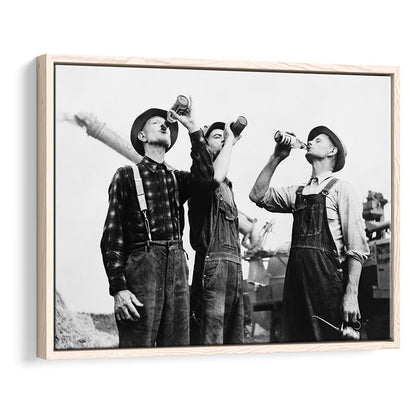 Men Drinking Beer Black and White Art Vintage Bar Prints, Floating Framed Canvas Print