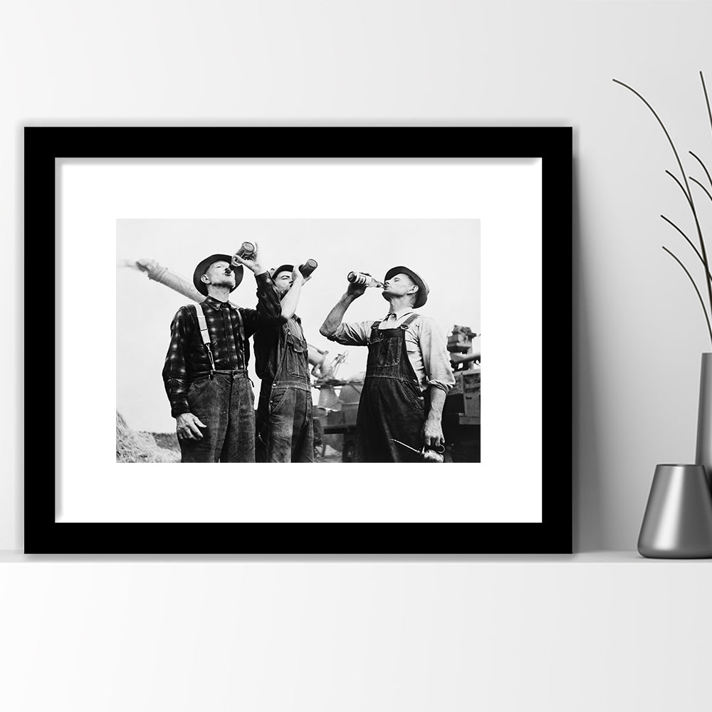 Men Drinking Beer Black and White Art Vintage Bar Prints, Framed Art Print White Border Wall Decor