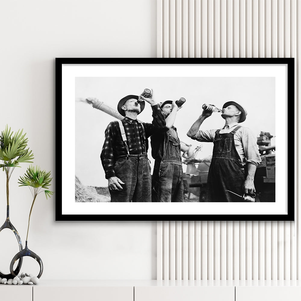 Men Drinking Beer Black and White Art Vintage Bar Prints, Framed Art Print White Border Wall Decor