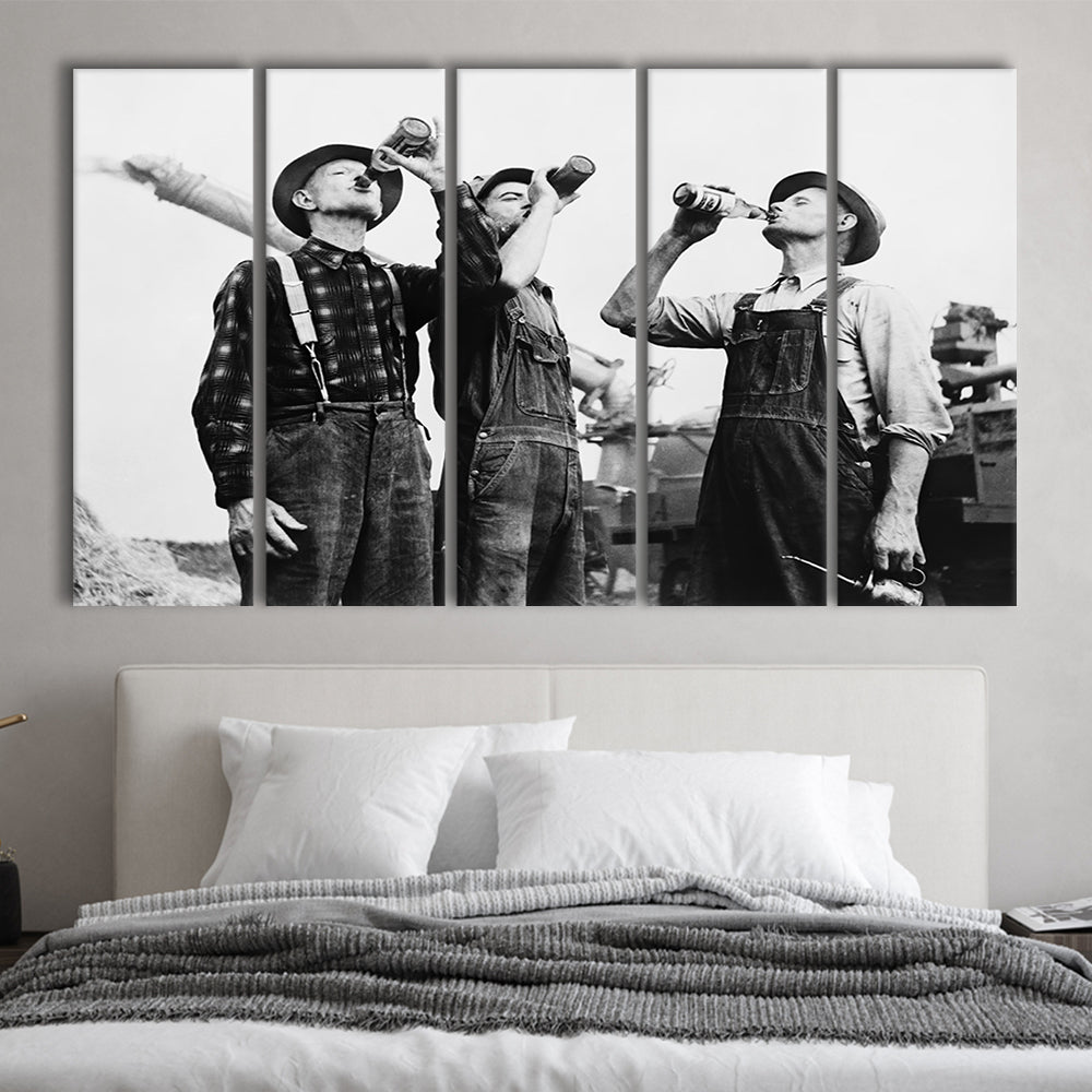 Men Drinking Beer Black and White Art Vintage Bar Prints, 5 Pieces Large Canvas Print