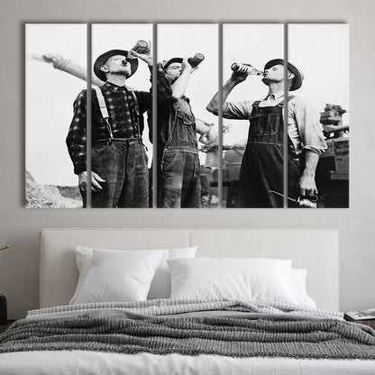 Men Drinking Beer Black and White Art Vintage Bar Prints, 5 Pieces Large Canvas Print