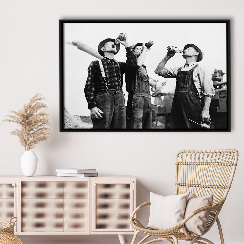 Men Drinking Beer Black and White Art Vintage Bar Prints, Floating Framed Canvas Print