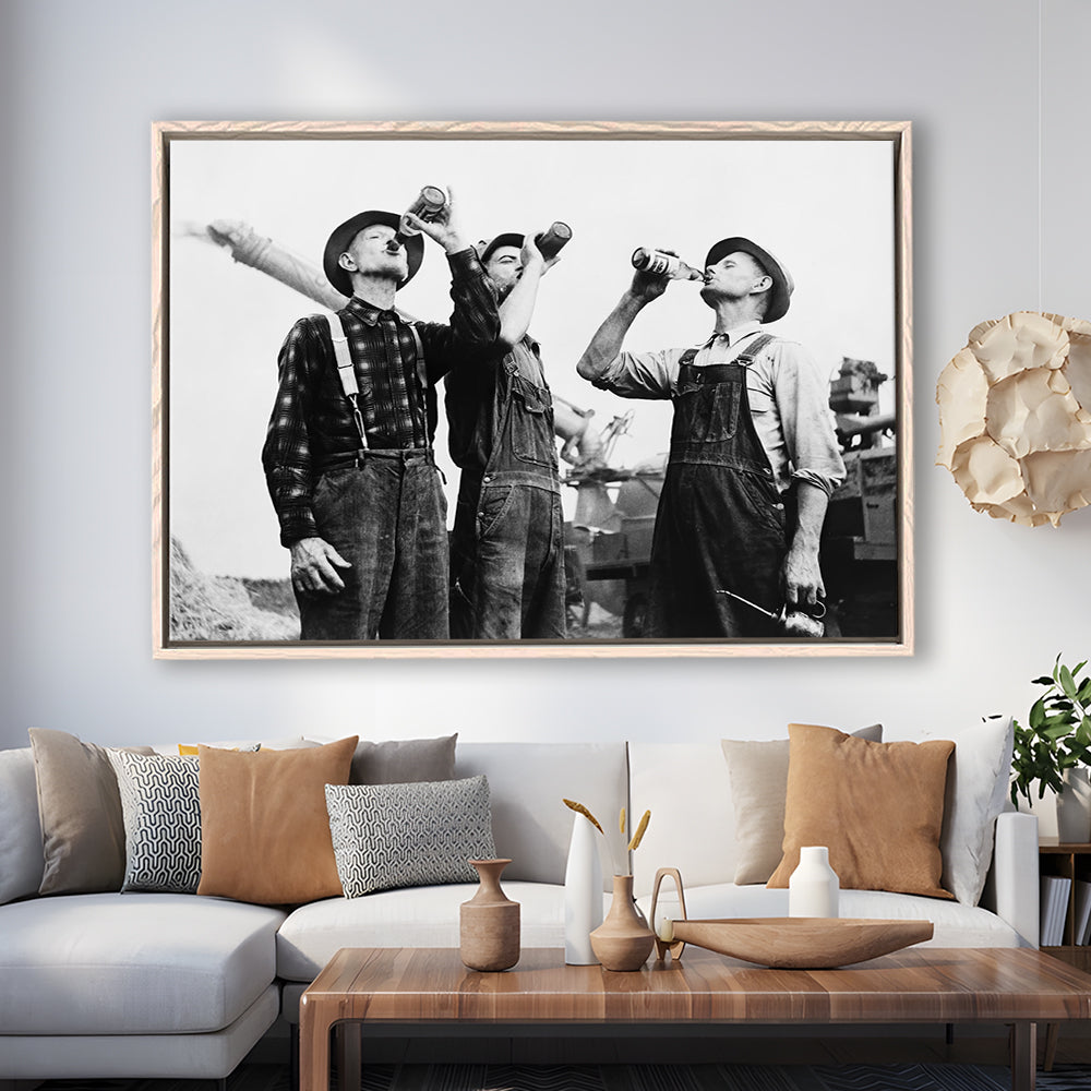 Men Drinking Beer Black and White Art Vintage Bar Prints, Floating Framed Canvas Print