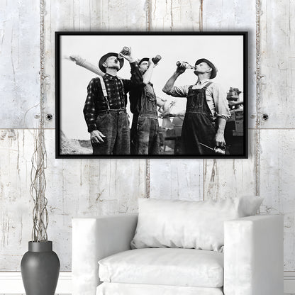 Men Drinking Beer Black and White Art Vintage Bar Prints, Floating Framed Canvas Print