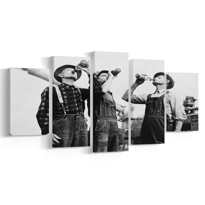 Men Drinking Beer Black and White Art Vintage Bar Prints, Mixed 5 Pieces Canvas Print