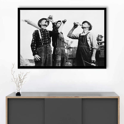 Men Drinking Beer Black and White Art Vintage Bar Prints, Framed Art Print Wall Decor