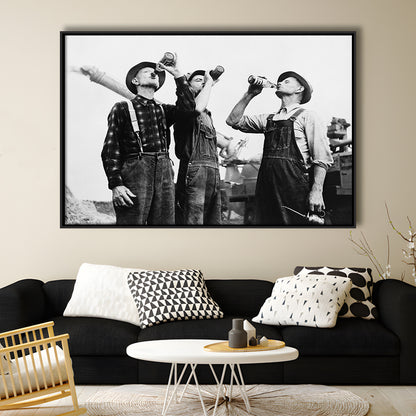 Men Drinking Beer Black and White Art Vintage Bar Prints, Floating Framed Canvas Print