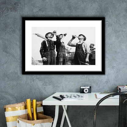 Men Drinking Beer Black and White Art Vintage Bar Prints, Framed Art Print White Border Wall Decor