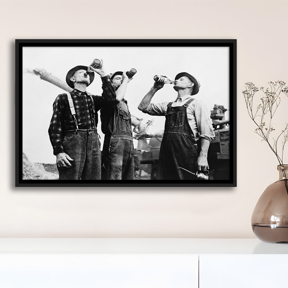 Men Drinking Beer Black and White Art Vintage Bar Prints, Floating Framed Canvas Print