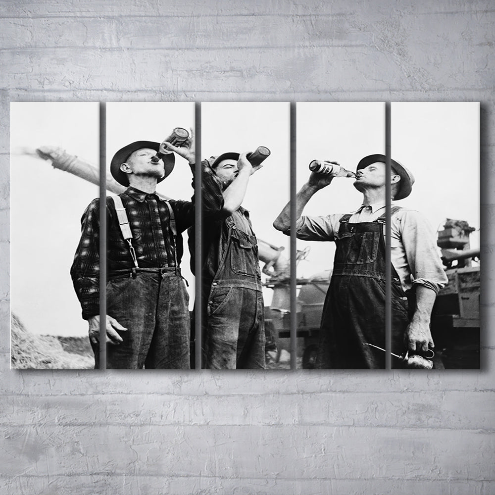 Men Drinking Beer Black and White Art Vintage Bar Prints, 5 Pieces Large Canvas Print