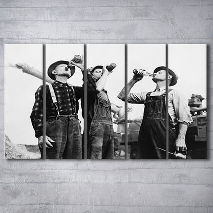 Men Drinking Beer Black and White Art Vintage Bar Prints, 5 Pieces Large Canvas Print