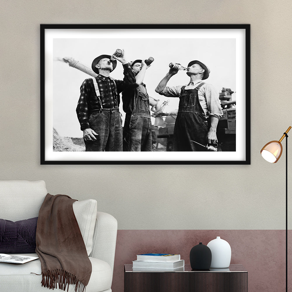 Men Drinking Beer Black and White Art Vintage Bar Prints, Framed Art Print White Border Wall Decor